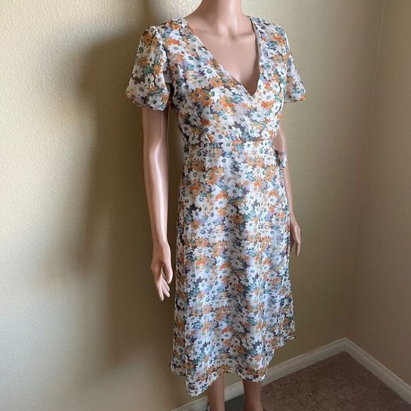 Mango Floral Puff Sleeve Side Tie MIDI Dress - Picture 3 of 9